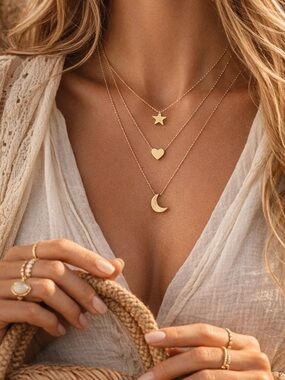 Gold 3 Layer Star Moon Heart Necklace Boho Minimalist